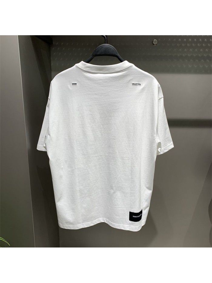 Men's Spring/Summer New Men's Denim Panel Wide White Short Sleeve T-shirt 