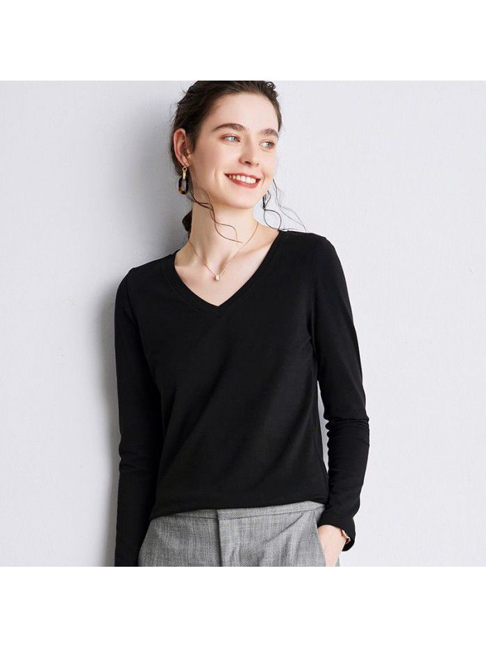 Women's Long sleeved T-shirt Women's Summer New Underlay V-neck T-shirt Loose Solid Color Simple 