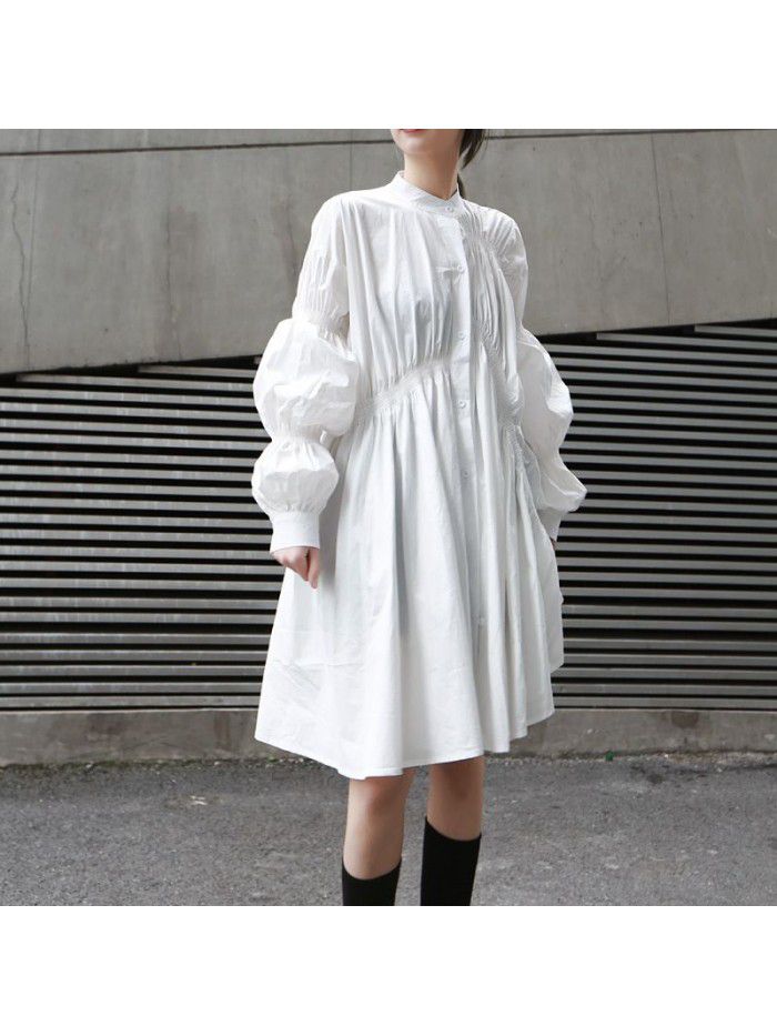 Loose personality, niche pleated trend, new fashionable temperament, lantern sleeves, solid color, irregular dress for women 