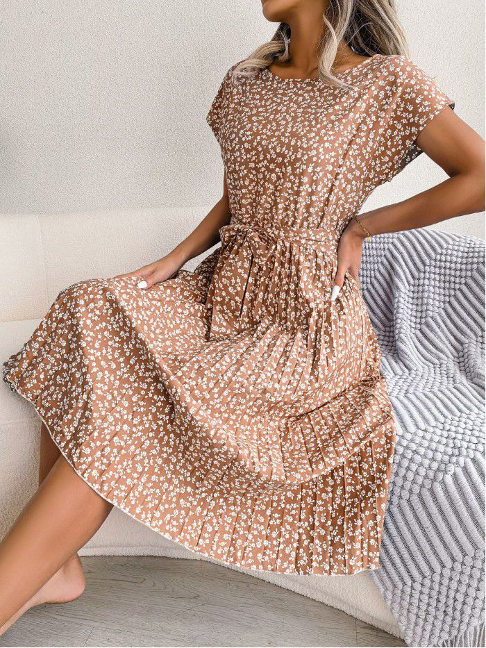 Spring and summer new casual short-sleeved floral pleated skirt 