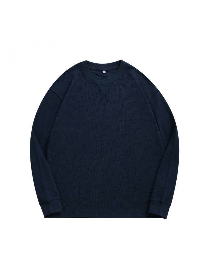 Waffle Long Sleeve T-shirt Men's Heavyweight Round Neck Loose Base Solid T-shirt 