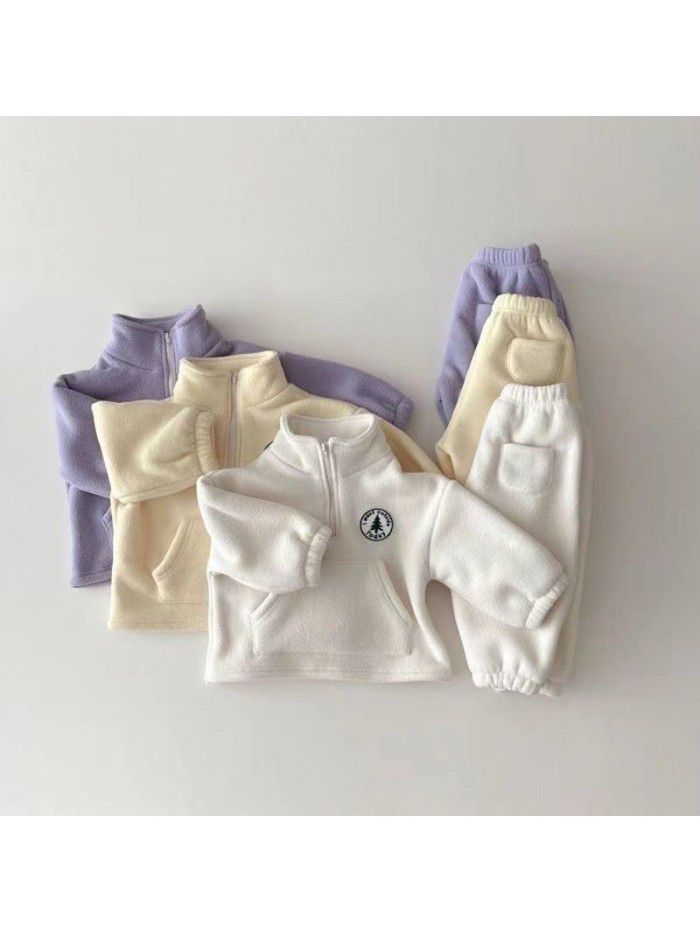 Children's set, baby and toddler clothing, plush and thickened casual set, children's winter high collar sweater pants, two-piece set, trendy 