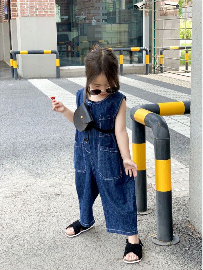 Children's Bodysuit Strap Pants Spring/Summer Boys' and Girls' Korean Version Fashion Loose Workwear Sleeveless Denim Bodysuit 