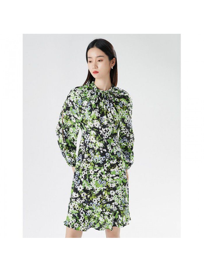 New Women's Style Commuter Bubble Sleeves High Waist A-line Dress Mid length Dress Printed Fragmented Flowers 