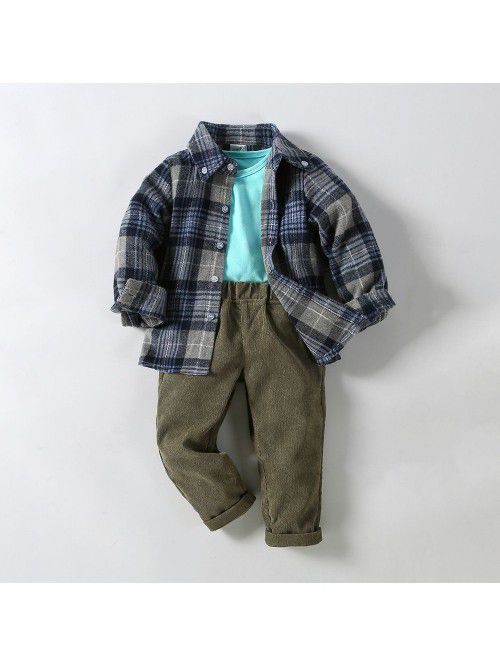 Boys' plaid shirt outerwear knitted T-shirt cordur...