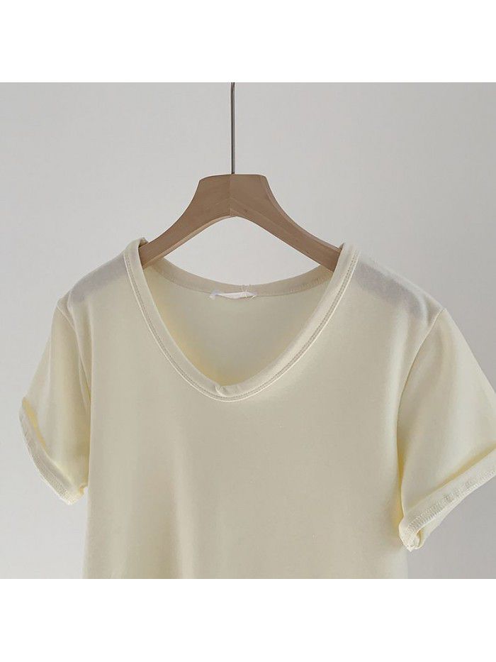 V-neck brushed T-shirt for women's early autumn new product temperament Korean Morandi solid color versatile short sleeved T-shirt for women 