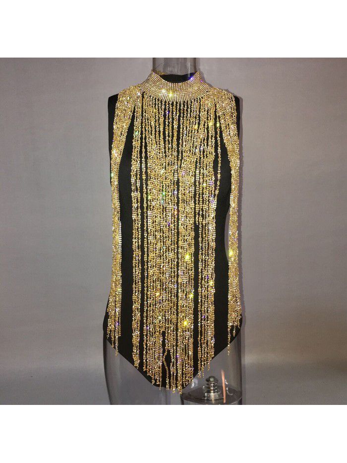 Sexy nightclub diamond exaggerated long tassel scarf dress