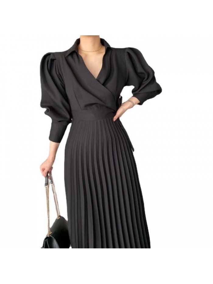 New lapel side bow tie waist show thin bubble sleeve pleated dress 