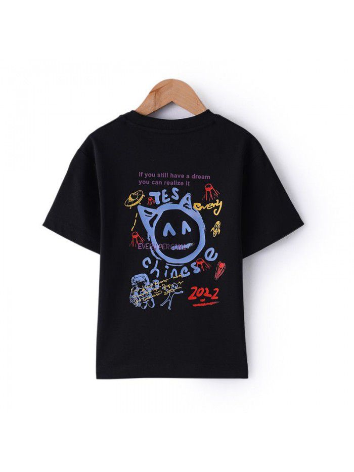 Summer New Print Parent-child Short Sleeve T-shirt Casual Women's Fashion Loose Round Neck Mercerized Cotton Bottom Top 