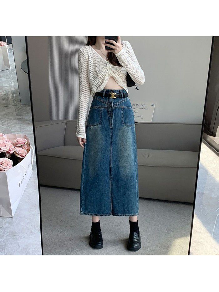 Oversized Hong Kong style retro split denim skirt for women in early spring New high waisted slim A-line mid length skirt 