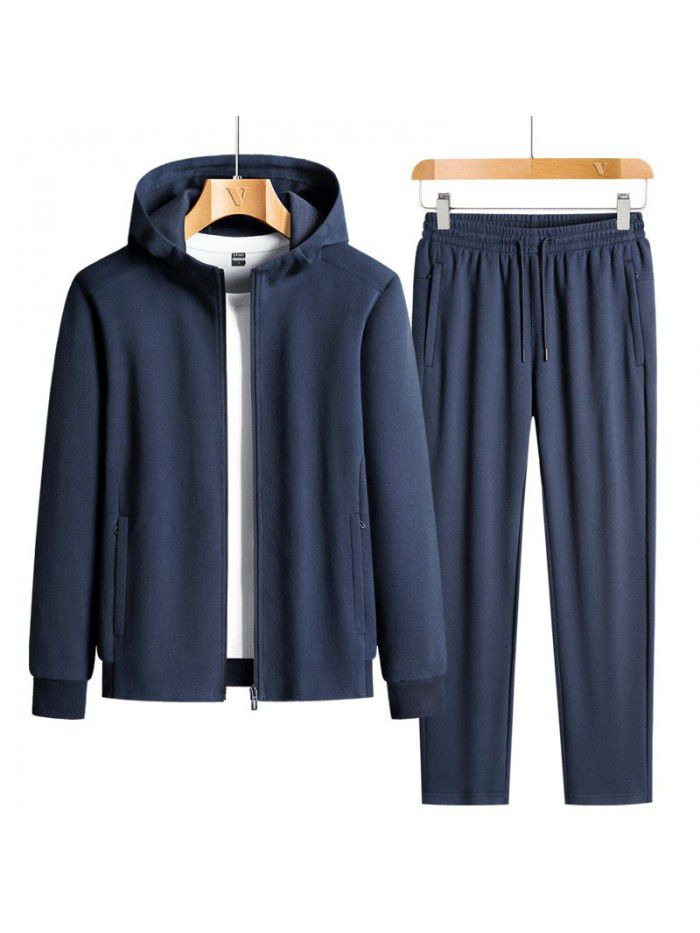 Spring and Autumn New Leisure Sports Pearl Cotton Large Set Men's Trendy Solid Hooded Set 