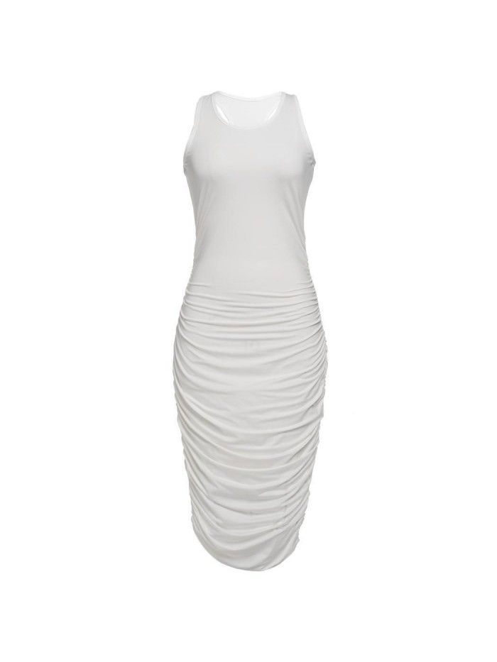 Summer European and American Fashion Women's Sexy Dress Slim Fit Pleated Sleeveless Tank Top Wrapped Hip Dress