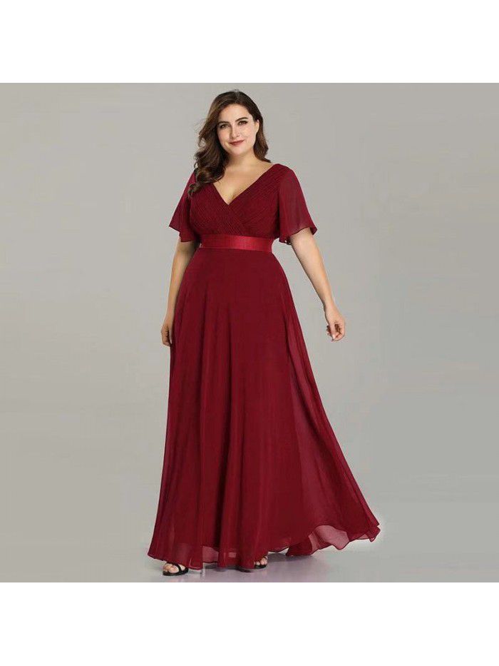 Spring/Summer Handmade Folded Big Swing Double V-neck Flare Sleeve Dress Elastic Chiffon Banquet Bridesmaid Large Evening Dress 