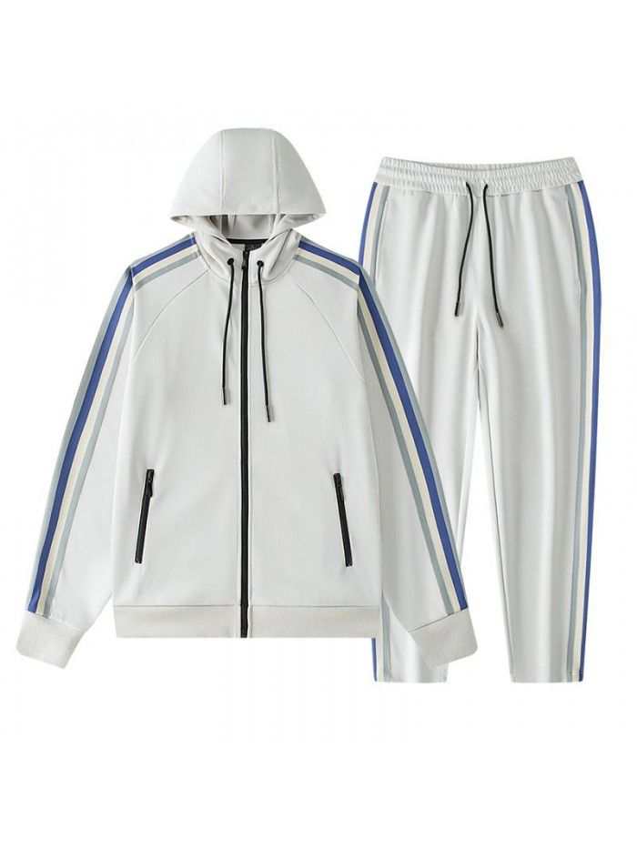 Autumn and Winter Sports Set Men's Windbreaker Hooded Cardigan Sweater Coat Long Pants Two Piece Running Training Casual 