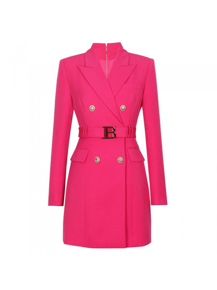 Spring and Autumn New Fashion High grade Solid Color Belt Long Sleeve Slim Fit Temperament Commuter Suit Dress Women 