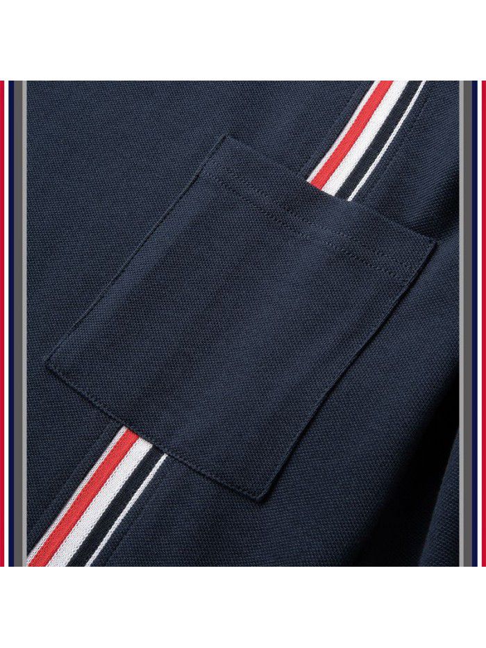 Pocket Red, White, Blue Ribbon Stripe Pure Cotton Summer Short Sleeve T-shirt Casual Fashion Male Couple 