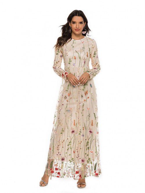 Fashion Embroidery Dress Sweet Flower Lace Long Dr...