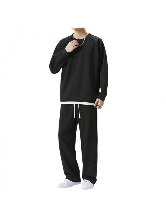 Spring and Autumn Leisure Sports Set Men's Loose Round Neck Sweater and Pants Two Piece Set for Daily Simple Homewear 