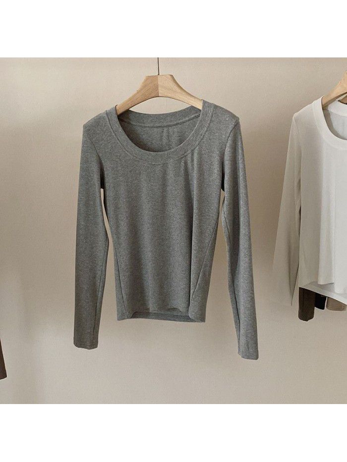 Practical and minimalist round neck long sleeved t-shirt for women's basic versatile slim fitting top 