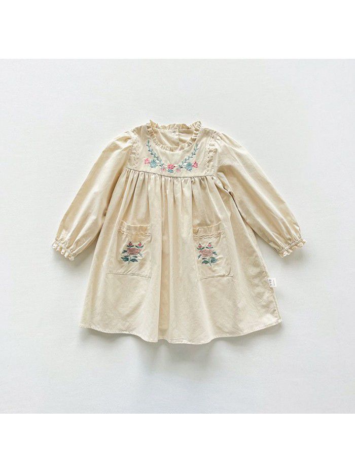 Retro Embroidered Girls' Dress Autumn Long Sleeve French Cotton Girls' Dress Fashionable 