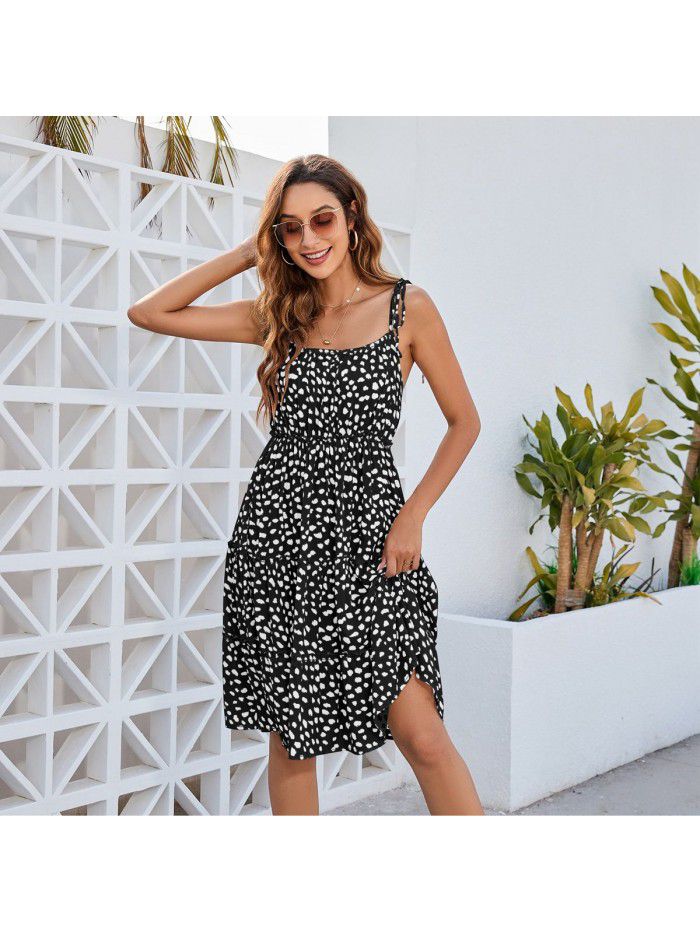 Strap printed dress with leopard print polka dot skirt for children 