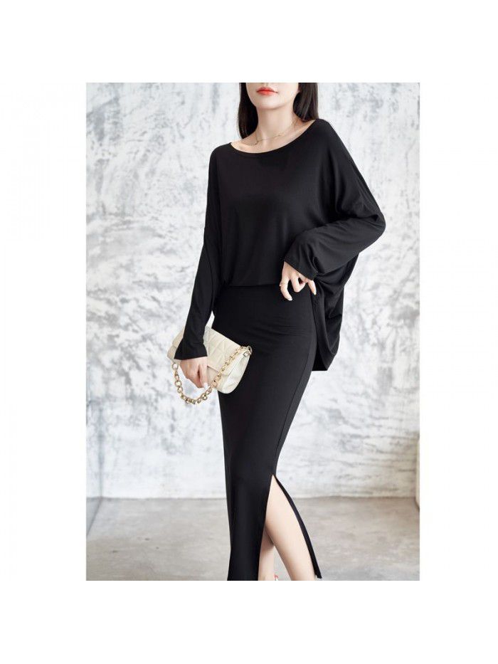 Loose body covering and slimming bat sleeve T-shirt with buttocks split high waist skirt and slimming dress set 