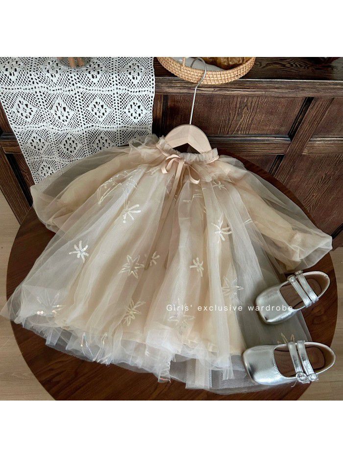 Korean Children's Wear New Autumn Girls' Mesh Princess Dress Lantern Sleeve Temperament Dress Sequin Birthday Dress 