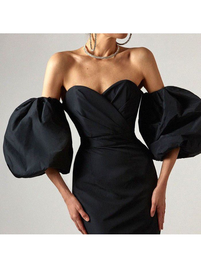 Autumn Women's Solid Color Wrapped Chest High Waist Lantern Sleeve Mid length Dress Dress  Autumn Women's Solid Color Wrapped Chest High Waist Lantern Sleeve Mid length Dress Dress