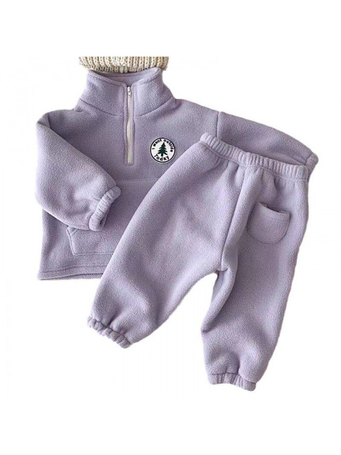 Children's set, baby and toddler clothing, plush and thickened casual set, children's winter high collar sweater pants, two-piece set, trendy 