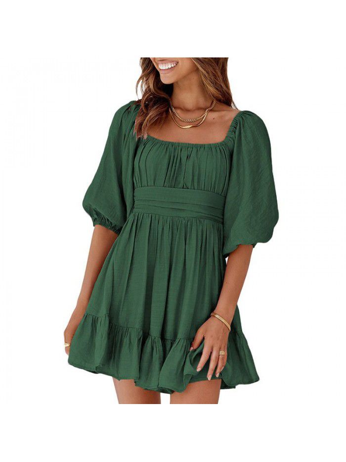 Dress Women's New Summer Off Shoulder Solid Color Lacing Ruffle Sleeves Casual Dress Women