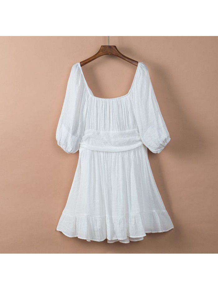 Dress Women's New Summer Off Shoulder Solid Color Lacing Ruffle Sleeves Casual Dress Women