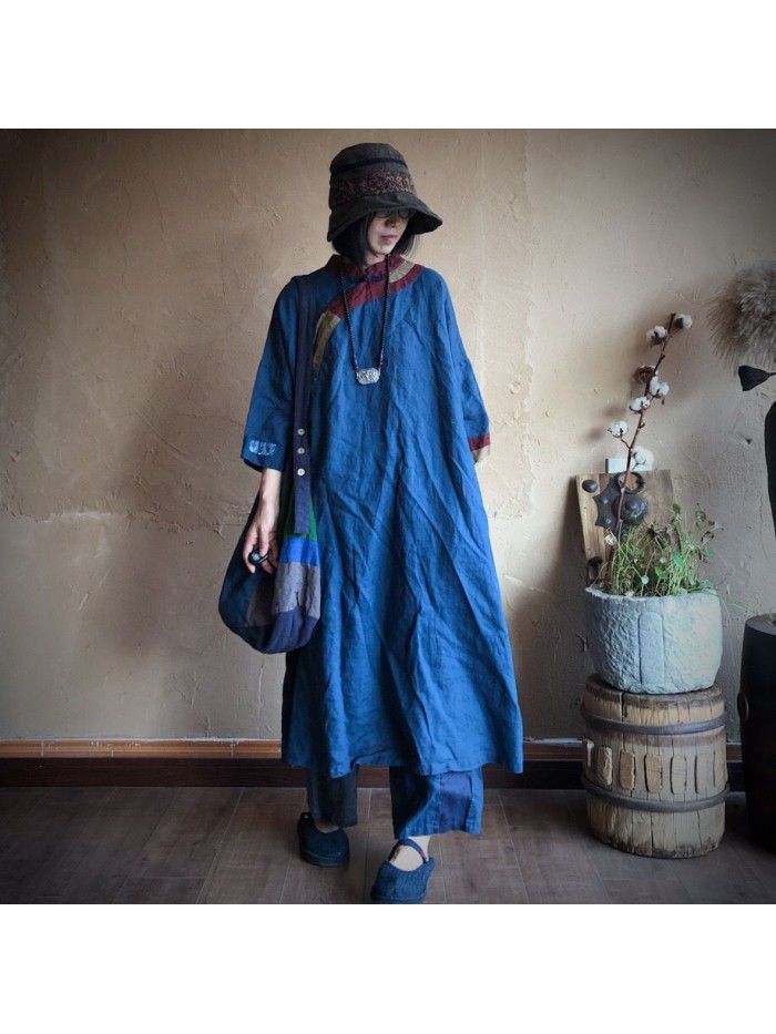 Vintage patch washed pure linen loose fitting dress gown 