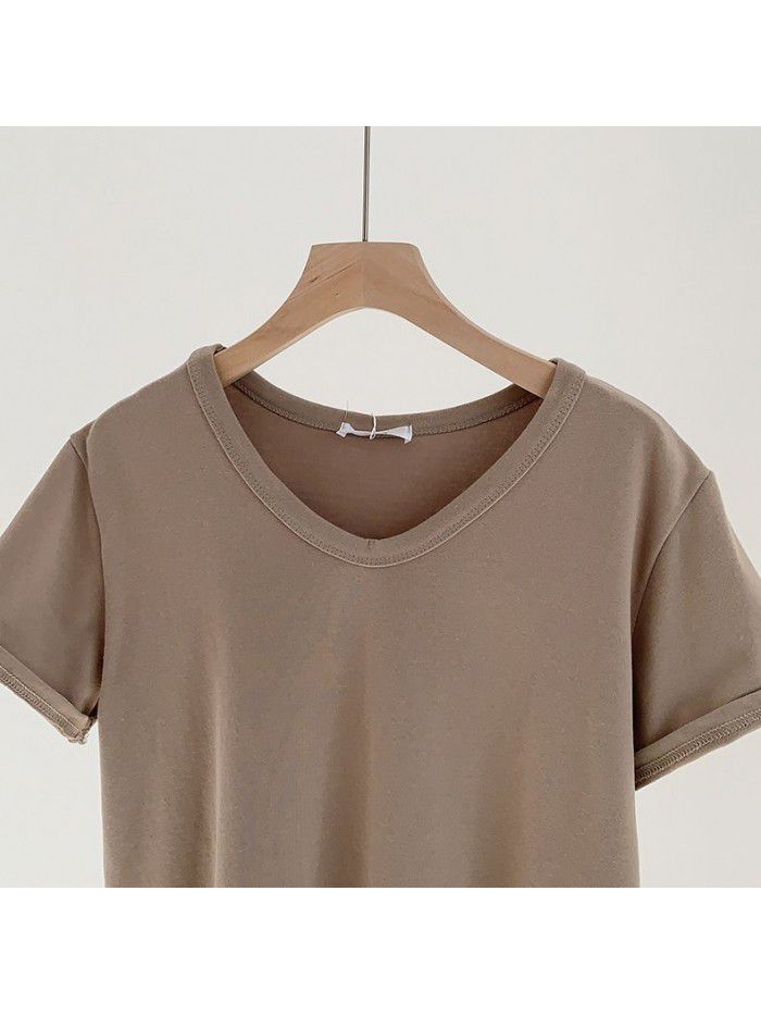 V-neck brushed T-shirt for women's early autumn new product temperament Korean Morandi solid color versatile short sleeved T-shirt for women 