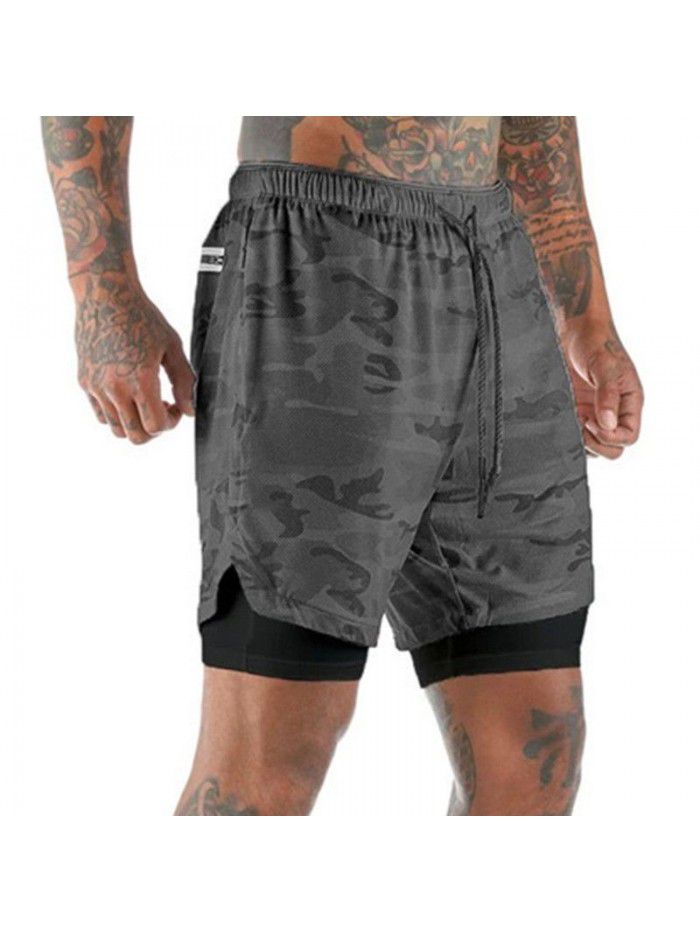 Men's double layer shorts, solid mesh sports and fitness training pants, five point casual pants, men's pants 