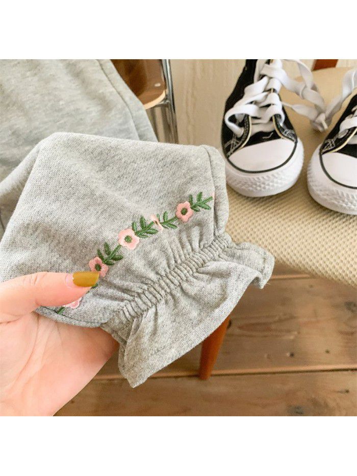 Children's casual pants Spring and Autumn Korean version Girls' embroidered leggings Baby retro pants 
