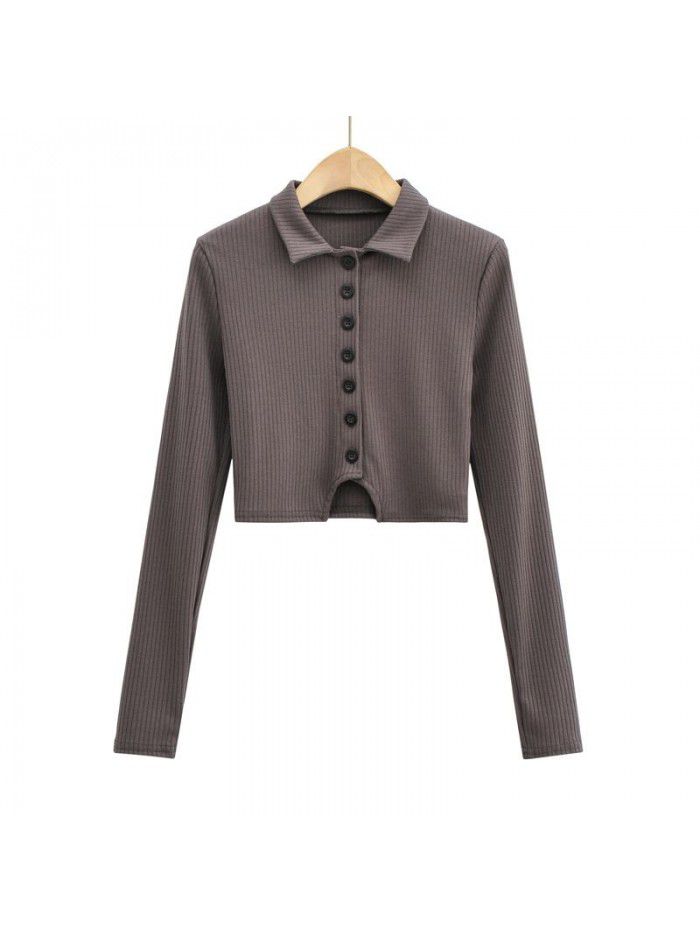 Polo polo collar long-sleeved blouse women's new style pure hot girl slim fit single breasted high waist exposed navel short t-shirt 