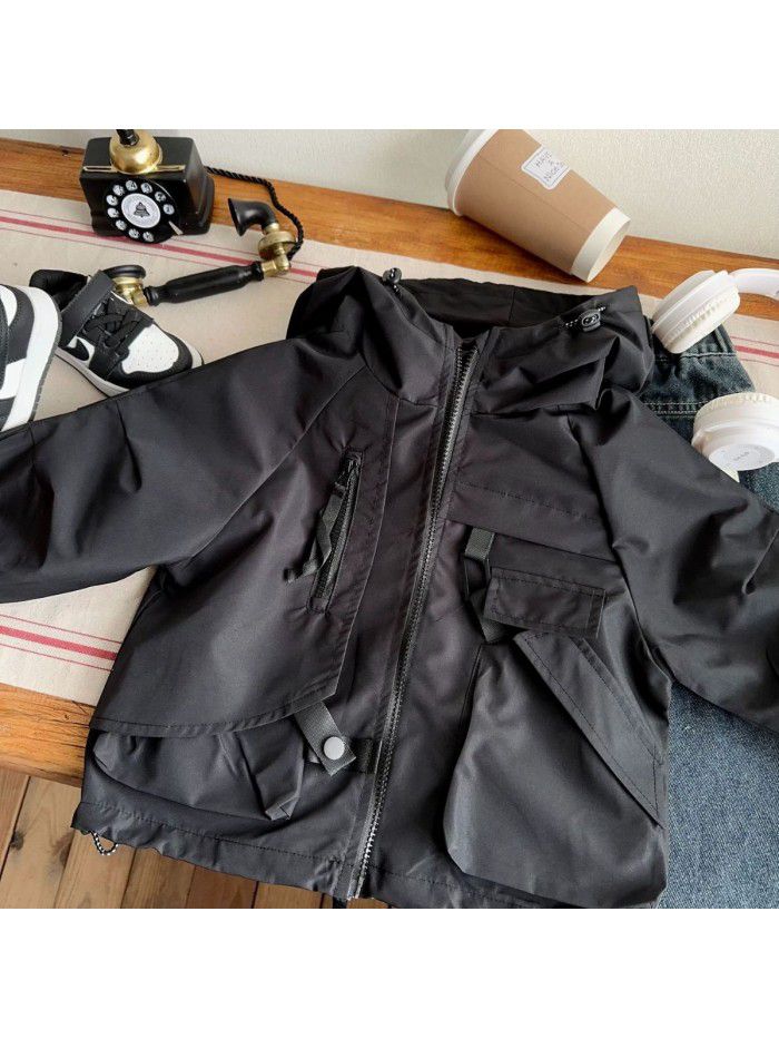 Children's versatile solid color jacket Children's clothing Autumn new baby top Korean version boys' black jacket 