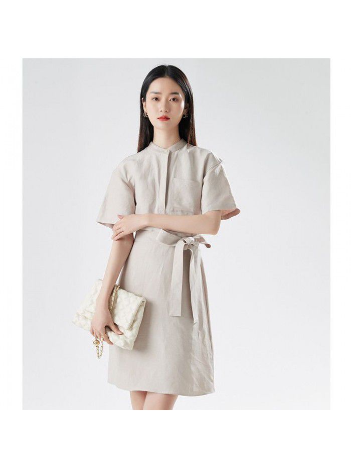 Spring New Women's Short Sleeve Design Feeling Waistband Round Neck Mid length Dress 