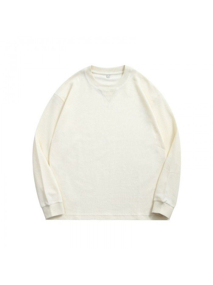 Waffle Long Sleeve T-shirt Men's Heavyweight Round Neck Loose Base Solid T-shirt 