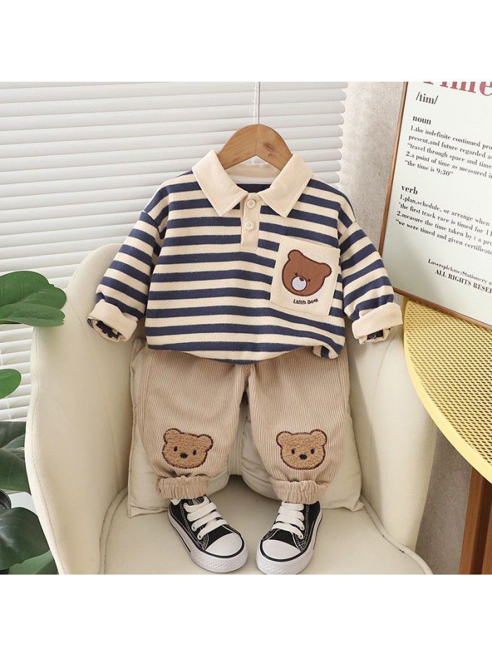 Children's Autumn Style Boys' Cute Striped Little Bear Polo Shirt Long Sleeve Sweater Pants Two Piece Set 