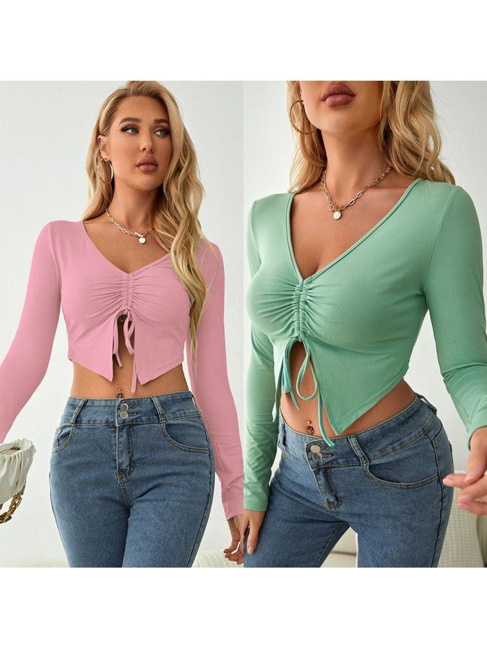 V-neck long sleeved drawstring slim fitting exposed navel top breathable pleated solid color simple sweet T-shirt Women's casual spring and autumn top 