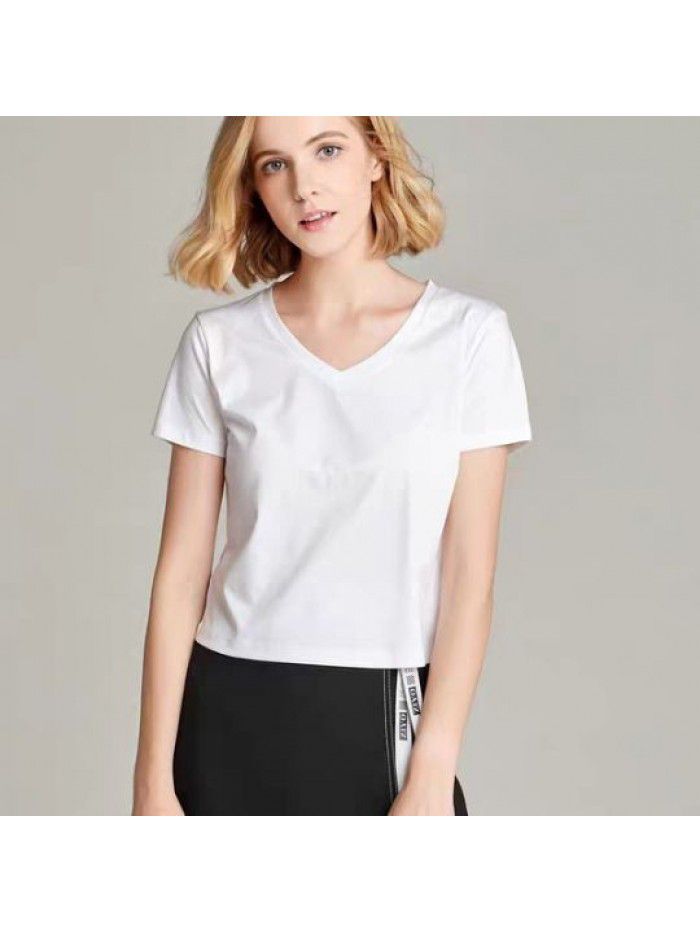 T-shirt Women's Short Cotton High Waist Summer Loose Simple Round Neck Korean Versatile Solid Color T-shirt 