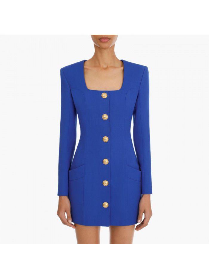 Spring and Autumn New Fashion Solid Color Square Neck Single breasted Long Sleeve Zipper Short Women's Dress 