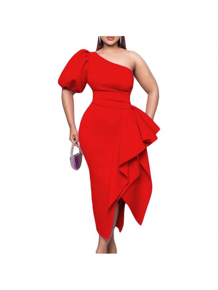 Oblique Neck Split Ruffle Edge Dress Sexy Dress