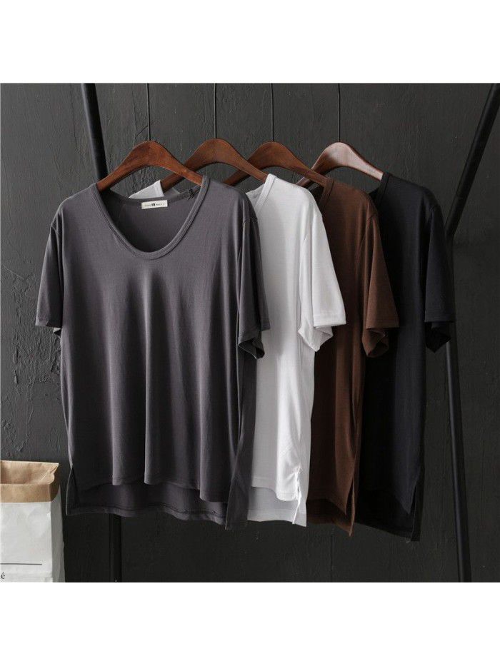 Basic solid V-neck short sleeved T-shirt for female students Summer loose bottomed shirt for slimming top trend 