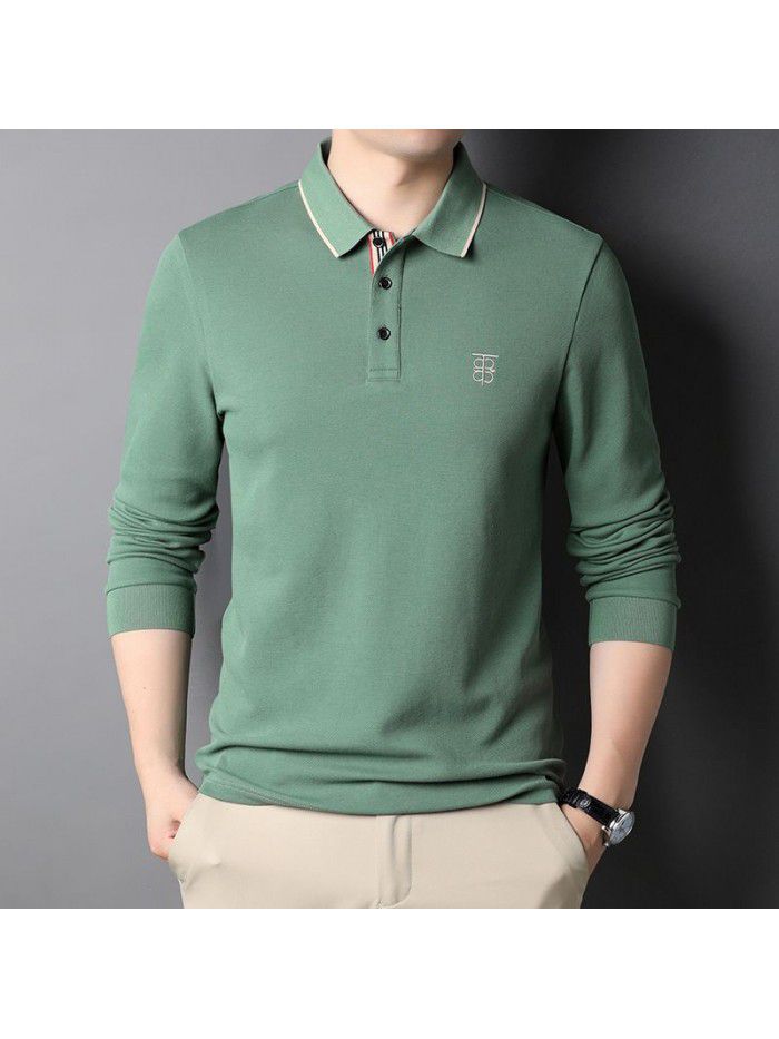 Autumn Men's Youth Long Sleeve Fashion T-shirt with Polo Collar Printed Bottom Cotton Men's POLO Shirt Top 