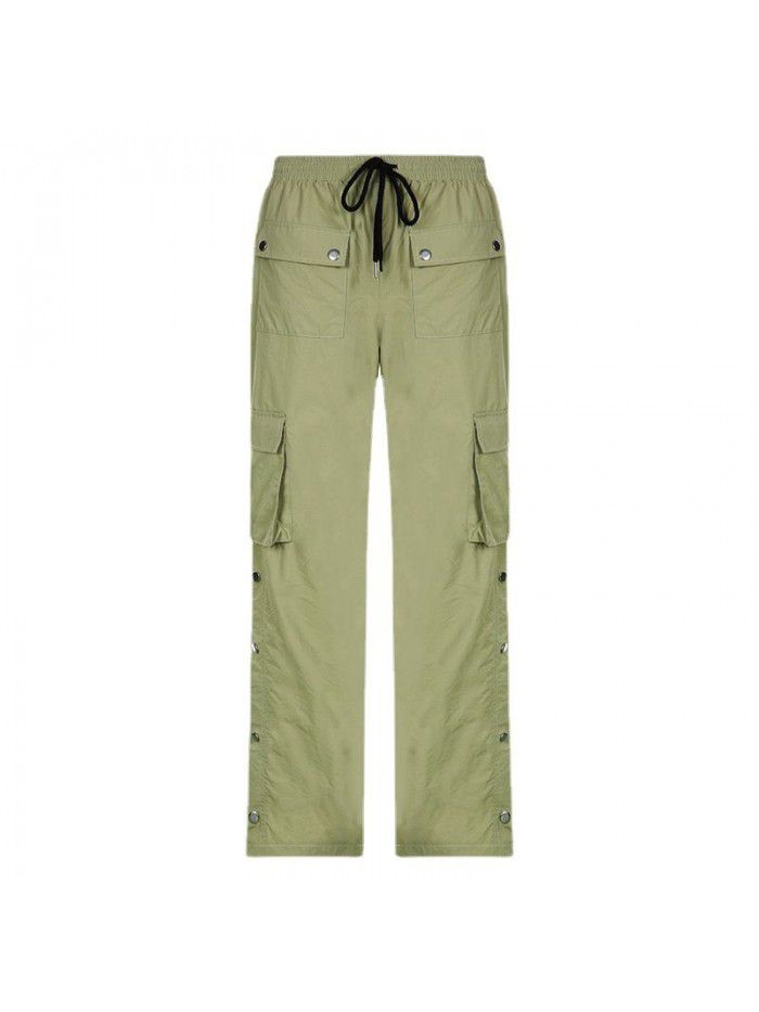 Summer Street Style High Waist Straight Barrel Drawstring Lace Up Buckle Casual Pants 
