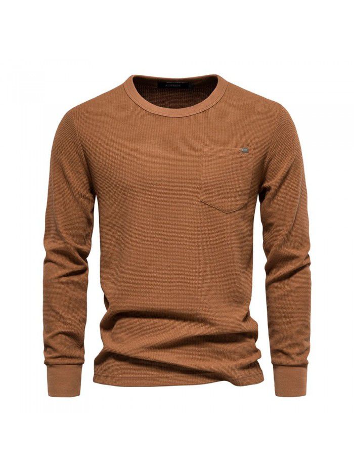Spring and Autumn Men's Round Neck Pocket Waffle Long Sleeve Top Men's T-shirt 