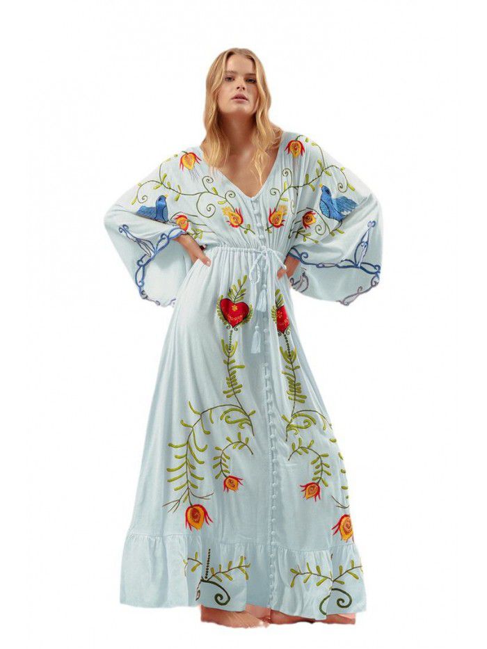 Autumn New Flower Embroidery V-neck Large Flare Sleeve Dress Long Dress 