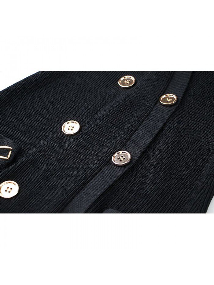 French Vintage Dress Early Autumn Metal Button Art Light Luxury Chain Decoration Wrap Hip Skirt Elastic Knit Skirt 
